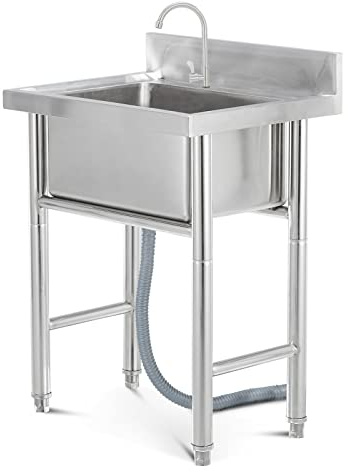 Freestanding Sink, 304 Stainless Steel Single Bowl Station Commercial Square Sink with Drainer Unit and Tap for Kitchen Bar Restaurant 50x50x90cm