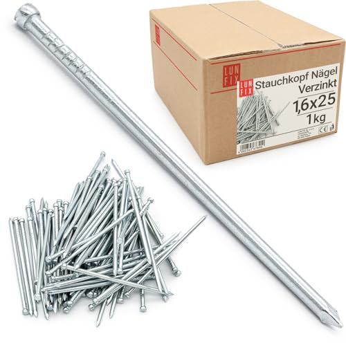 Lun Fix Drahtstifte 1,2x25 mm (1.0) – 1,0 kg (ca. 2350 Stk.) mit Stauchkopf Stahl verzinkt silber für Holzleisten, Möbel, Renovierungen, Innen- und Außenbereich