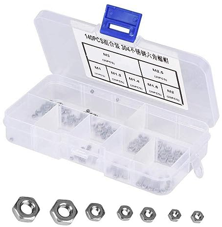 Candeon Acciaio Inox Dadi Esagonali, 140 Pezzi Controdado Assortimento Dadi Di Bloccaggio, 7 Dimensioni M1/M1.2/M1.4/M1.6/M2/M2.5/M3 Inserti Filettati Assortimento Dadi Esagonali