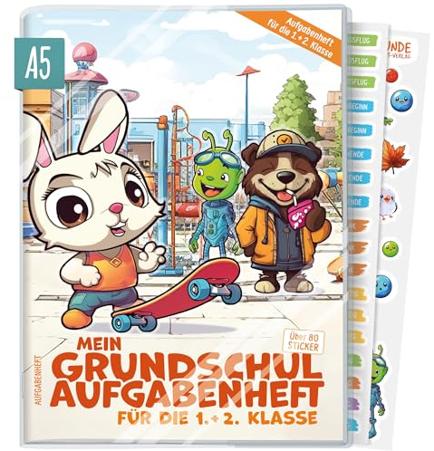Hausaufgabenheft Grundschule A5 für die 1. + 2. Klasse ohne Datum mit Schutzhülle, Stickern, Lern- und Denkspielen Schulstarter - nachhaltig & klimafreundlich