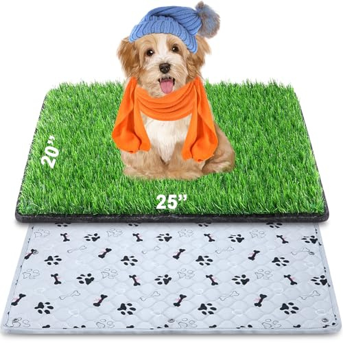 Tapete de césped para perro con almohadilla para orina de 20 x 25 pulgadas, caja de arena para perros pequeños, césped artificial, impermeable, bandeja para orinal para patio, reutilizable, lavable, y