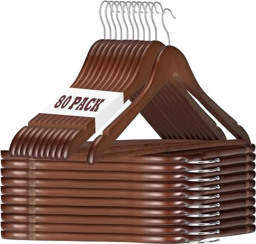 HOUSE DAY Kleiderbügel Holz Walnuss Kleiderbügel Jackenbügel Anzugbügel | 80 Stück Stabil Holz Kleiderbügel Drehbar Jackenbügel Anzugbügel Breit 44,5cm aus Naturholz