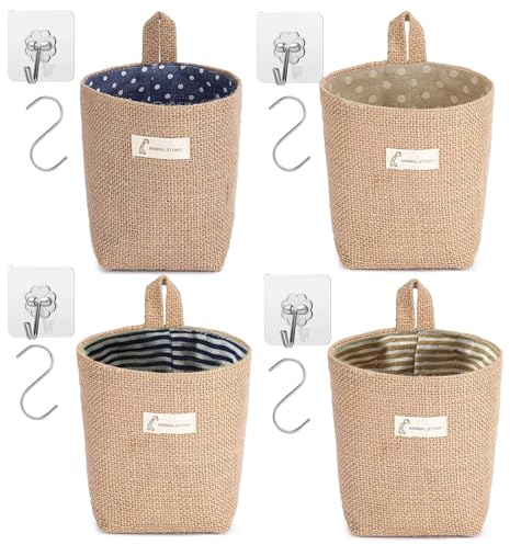 4 Pièces Sac de Rangement Suspendu en Coton et Lin, Sac de Panier de Rangement Pliable avec 8 Crochet, Storage Paniers Organizer, Sac de Rangement Suspendu pour Jouets, Maquillage, Clés, Toilette