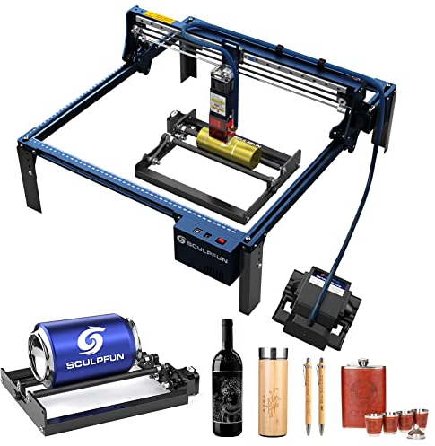 SCULPFUN S30 Laser Graviermaschine mit Laser-Rotationswalze, 5W Ausgangsleistung Laser Cutter Lasergravierer, DIY CNC Lasergravur für Holz Acryl Metall