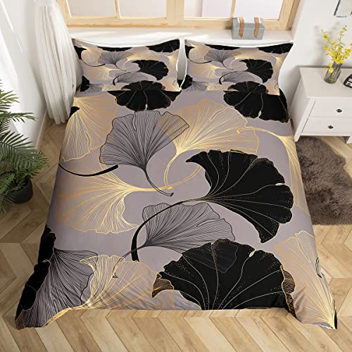 Homewish Housse de Couette 220x240 Feuilles de Ginkgo pour Ado Adulte, Parure de Lit Feuilles de Ginkgo Biloba Noir et Doré, Ensemble de Literie Botanique, Couvre Lit Plantes de La Jungle