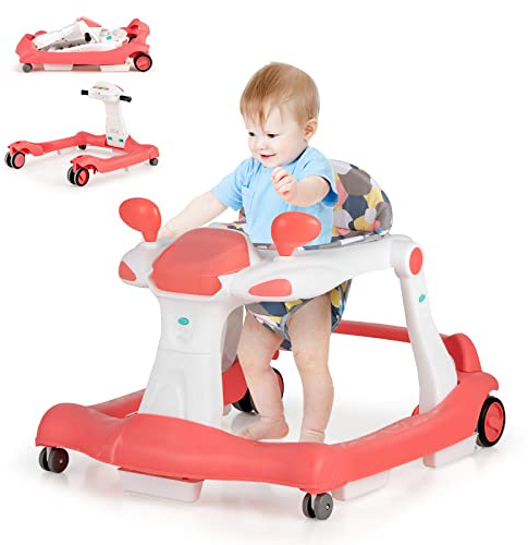 DREAMADE 2 in 1 Lauflernhilfe mit Musik & Licht, Baby Walker Höhenverstellbar & Klappbar, Gehfrei Lauflernwagen Baby ab 6 Monaten (Rosa)