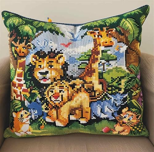 kitphoenix Knüpfkissen Set, Latch Hook Kissen Kit Tier Elefant Tiger Löwefür Kinder Oder Anfänger Erwachsene Zum Selber Knüpfen, Diy Knüpfteppich Knüpfpackung, Knüpfhaken Set 43 X 43 Cm