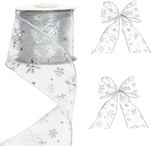 G2PLUS 6cm Schneeflocke Organzaband mit Draht, Silber Breite Weihnachten Dekoband, 10M Glitter Organza Geschenkband für Weihnachtsbaum, Weihnachten Geschenk Verpackung