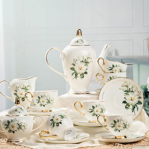 DDKYHU Service à thé en Porcelaine, Tasses à café et soucoupes Vintage en Porcelaine Anglaise de 6, Services à thé avec théière, sucrier et pichet à Lait, 15 pièces