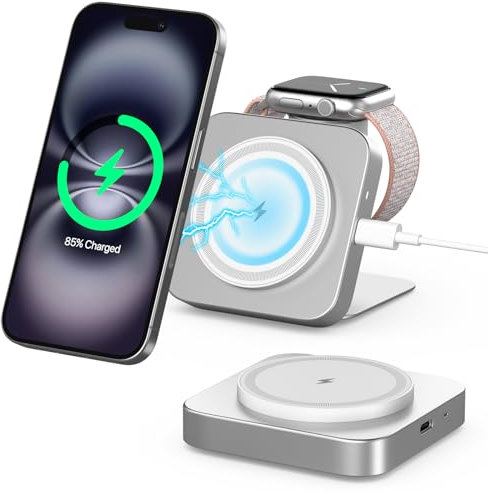 Mini for MagSafe Charger Stand for Apple,2 in 1 Foldable Magnetic Wireless Charging Station,15W Fast for MagSafe Charger Travel for iPhone 16/15/14/13,for Apple Watch,for AirPods (Not a Power Bank)