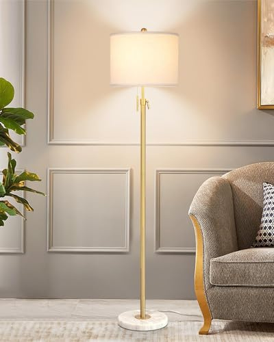Qingmiao Stehlampe Wohnzimmer Modern Stehleuchte Standleuchte 140-168cm höhenverstellbare Leselampe mit Leinen-Lampenschirm, 3 Farbtemperatur,E27 Fassung, Gold (9W Glühbirne inklusive)
