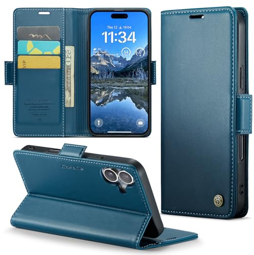 Phernykas Skal för iPhone 16 Case, Läderfodral Plånbok Skal, [TPU-skal] [Kortplatser] [Kickstand] stöttåligt folio flipfodral Wallet Leather Cover för iPhone 16, blå