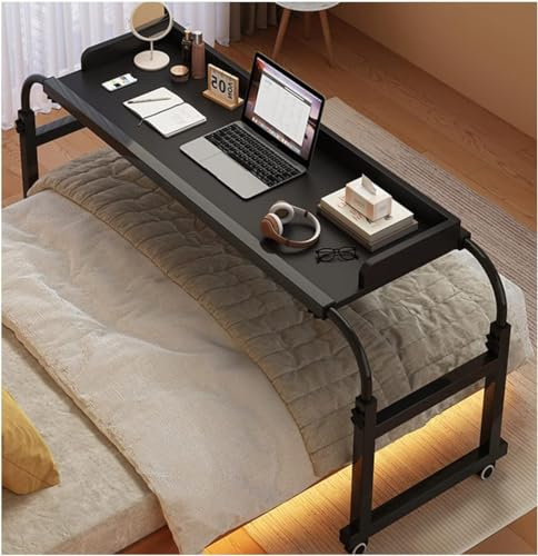 FDSGEEE Über-Betttisch auf Rollen Höhenverstellbar/Breitenverstellbar, Overbed Table Mobiler Schreibtisch Pflegetisch Laptoptisch Bettbeistelltisch für Tägliche Entspannungsarbei(Color:Schwarz)