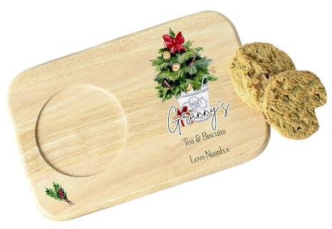 Personalised Wooden Christmas Tea & Biscuits Board, Granny Nanna Gift, Grandad, Santa Board Plate Treats Milk, Tray, Christmas Plate