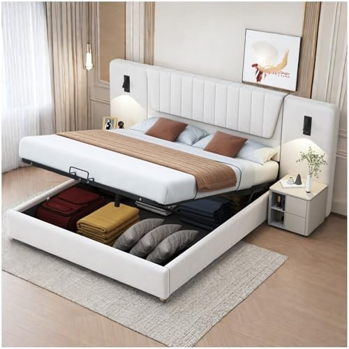 Sapgaks Lit coffre180x200 avec Prise de Charge USB,des liseuses orientables et Espace de Stockage hydraulique,Lit Double,Cadre de lit 180x200 avec sommier à Lattes,Velours