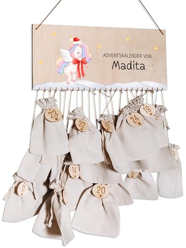 Bärenfreunde® - Personalisierter Adventskalender zum selber befüllen - mit kinderfreundlichem Druck auf Holz - mit Juteschnur Jutesäckchen und Holzzahlen (Einhorn)