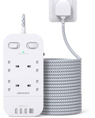 Extension Lead 5M, 4 Way Surge Protected Power Strip with USB C Slots, Extension Cable with Double Switches, Plug Extension Socket 5M Braided Extension Cord for Home Office Accessories
