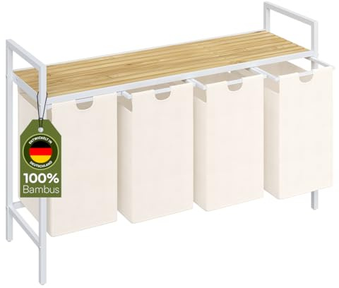 STEELSØN Rigil Wäschesammler mit 4 Fächern, 4x40L, Weiß, 1 Bambusablage | Wäschekorb, Wäscheboxen, Metall Wäschesortierer, Wäschesäcke ausziehbar & herausnehmbar, Schmutzwäschebehälter, Wäschetrenner