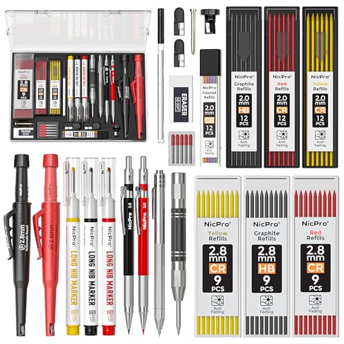 Nicpro 24 Stück Zimmermannsbleistifte mit Spitzer, CP3000 Druckbleistifte mit 79 Minen, Tieflochmarker, Hartmetall-Anreißer, robuster Konstruktionsbleistift für Architekten und Holzarbeiter