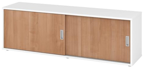 bümö Lowboard Schiebetürenschrank in Weiß/Nussbaum - Büromöbel Sideboard aus Holz, 160 cm breit, Büroschrank nur 40 cm schmal, Büro Schrank mit Schiebetüren für Ordner & Co.