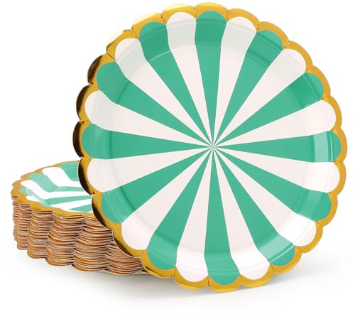 PARTY GO Assiettes en Papier Vert à Rayures 50 Pièces 23cm, Vaisselle Jetable Élégante pour Anniversaire, Douche Nuptiale, Fiançailles, Mariage