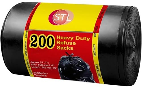 STL 200 Large Black Bin Bags Heavy Duty for Household Garbage Capacity 85L–Strong Black Refuse Sacks–Bin Liners for Everyday use, Office, Kitchen, Restaurant–Rubbish Garbage Bags (4 pack)