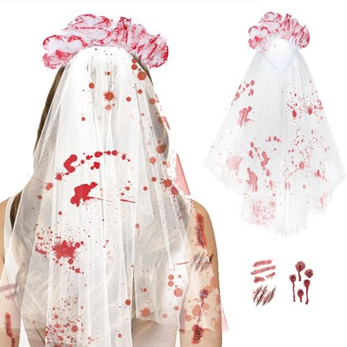 BMGRKYQX Halloween Blutiger Schleier mit Rosen,Damen Halloween Haarschmuck Blutschleier Zombie Braut Kostüm mit 2 Halloween Temporäre Tattoos Karneval Fasching Mottoparty Kostüm Accessoire