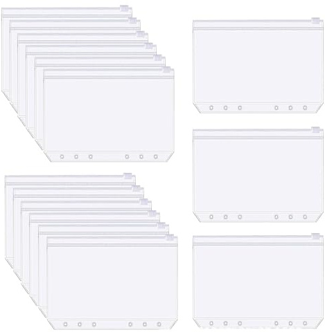25 Stück A6 Binder Taschen, 6-Loch Reißverschluss Ordner, Wasserdicht Kunststoff Bindertaschen A6 Transparent Geld Budget Umschläge Budget Planer Einlegeseiten Loseblattbeutel