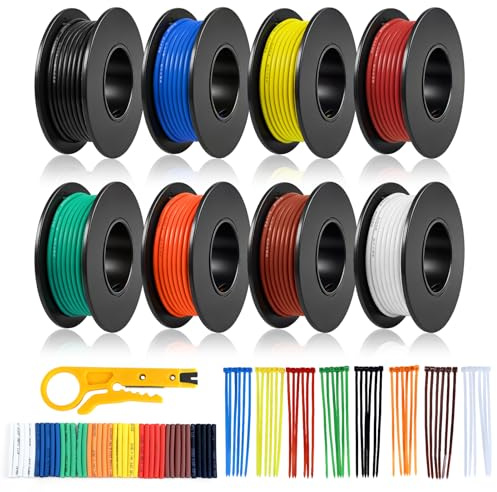 22 AWG 0,3mm² Silikon Litzenkabel Set in 8 Farben, 5 Meter pro Rolle Litzendraht Kabel, Flexibles Verzinntes Kupferkabel für KFZ, Haushalt, LED, Modellbau und DIY-Projekte