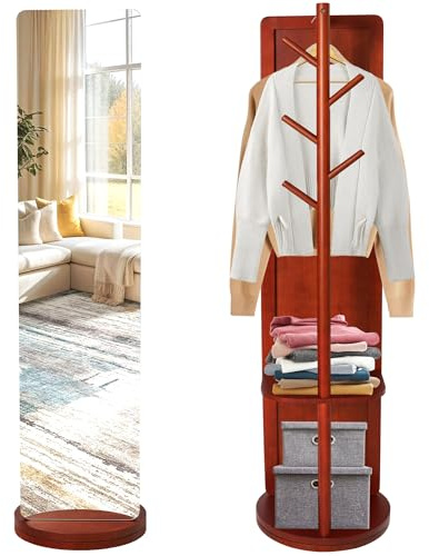 Ganzkörperspiegel | Standspiegel mit 360° Drehbar und Garderobenständer | Stehspiegel 164 * 40cm aus Massivholzrahmen Hartglas | Spiegel Ganzkörper für Schlafzimmer Wohnzimmer Garderobe (Rotbraun, A)