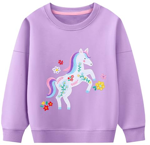 Baogaier Sweatshirt för flickor, Crewneck Enhörning Tryckt Broderi Pullover, Utan Huva Tröjor Tröja Bomull Långärmad T-shirt Casual Toppar, Barnkläder och Flickor Sweatshirt 2-7 år, Lila, 4-5 �r