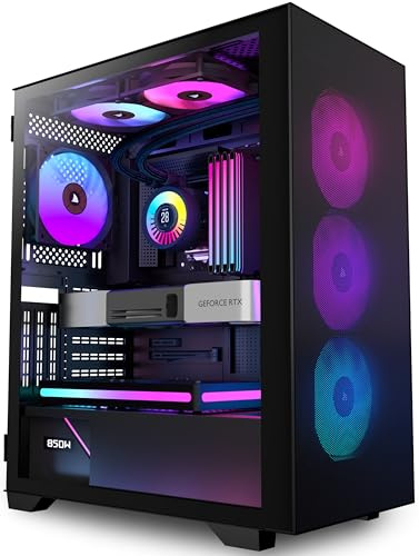 PCZZOI PC CASE ATX 6 PWM ARGB Case Fans Pre-Installed, Mid Tower Computer Case with Tempered Glass,High Airflow Mesh Front,Support 360mm Radiator,Black Gaming Desktop Case (H05)