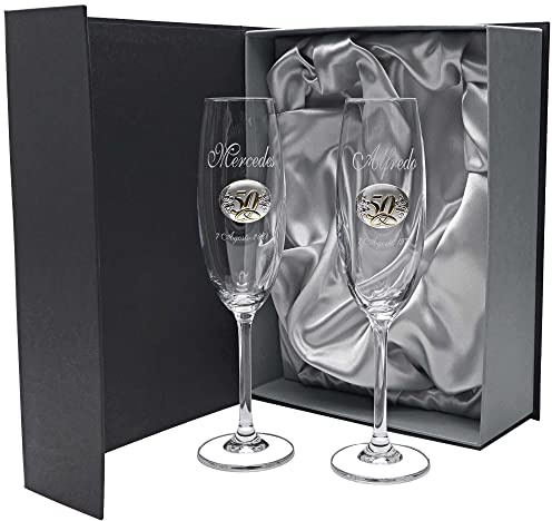 Gala&K | Set de 2 copas de cristal para champán | Para novios | Bodas de plata/oro | Aniversarios | Aplique bilaminado | Colección GASTRO-50 ANIVERSARIO+GRABADO LASER | Grabación personalizada.