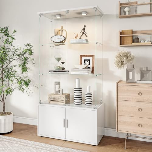 DIYHOM Glasvitrine Standvitrinen mit LED-Leuchten, 3 Lagen Vitrinenschrank mit 2 Glastür und Holzunterschränke, Vitrine Sammlervitrine, für Sammler, Bücher, Weiß