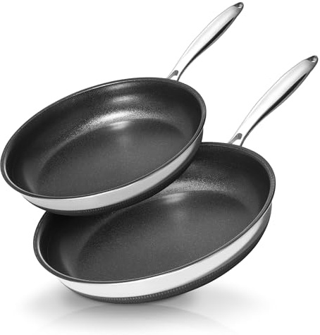 KOKHUB Edelstahlpfanne Pfannenset 2-teilig 24+28cm, Ohne Deckel | Titan-Keramik Beschichtung, Kratzfeste Antihaftpfanne, Pfanne Induktion, Für alle Herdarten, Ohne PFAS & PTFE