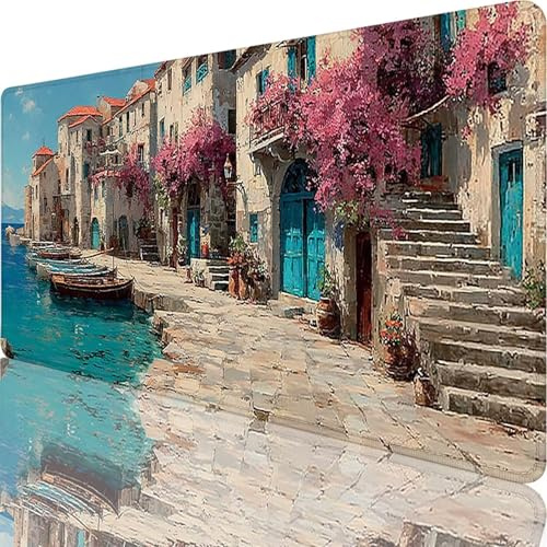 Tapis de Souris Rose 1600x800x3 mm Grand Tapis de Souris XXL Petite Ville Sous Main Bureau Gamer, à Bords Cousus, Base en Caoutchouc Antidérapante Mouse Pad pour PC, Portable, Decoration Maison l-7636