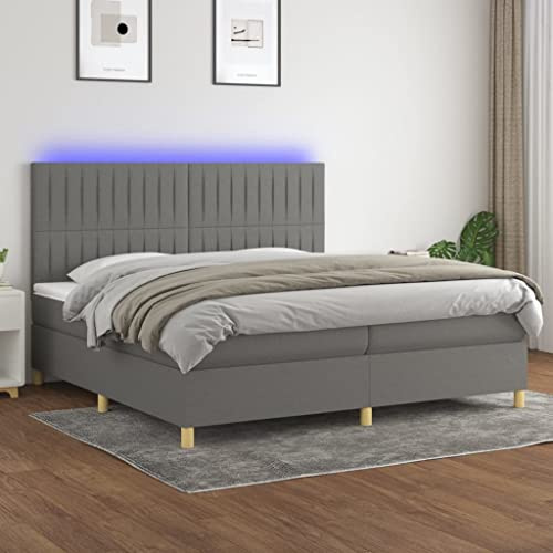 Mokuyary resårsäng med madrass och LED, mörkgrå, 200 x 200 cm, tyg, sängram, säng med ribbotten, plattform, sängram, enkel montering för sovrum, gästrum – G