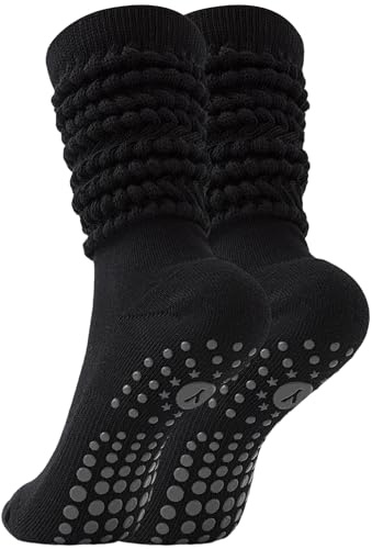 Yawlsow Pilates Grip Socken für Damen Yoga Rutschfeste Slouch Kniestrümpfe | aus weicher Baumwolle extra lange Stulpen für Barre Workout Krankenhaus Zuhause mit griffiger Sohle für Halt und Stabilität