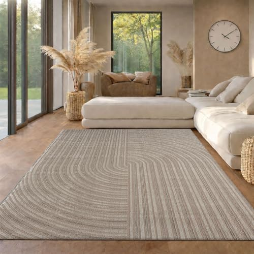 VIMODA Kurzflor-Teppich Boho modern – Dünner Wohnzimmer- & Schlafzimmerteppich mit 3D Hoch-Tief-Effekt, pflegeleicht,Maße:200x290 cm;Farbe:Taupe