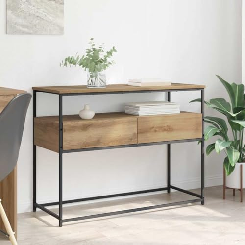 XHNIFBN Konsolentisch Artisan-Eiche 100 x 40 x 75 cm mit 2 Schubladen & 2 Brettregalen, Modernes Holzwerkstoff-Design, Langlebig & Platzsparend für Flur Wohnzimmer Schlafzimmer