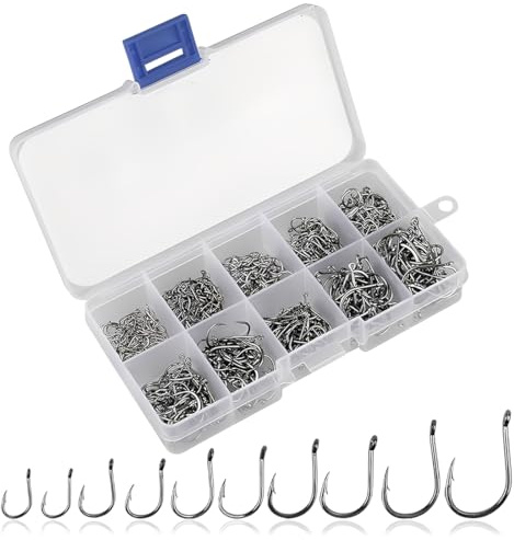 FHRYNA Juego de 200 anzuelos de pesca con púas, de acero al carbono, con estuche, para agua dulce y salada (negro, mezcla 3-12).