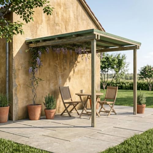 Sunwood Pergola Addossata in Legno Lamellare 300x300 cm - Tettoia da Giardino Impregnata in Autoclave Classe 4, Copertura con Perlinato e Guaina Ardesiata - Profondità 300 cm