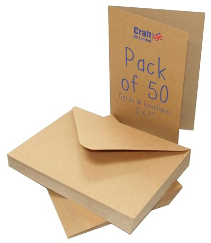 Craft UK, 50 Blank Cards and Envelopes for Card Making, Made in the UK, Lasting Quality, Brown Kraft, 5 x 7-Inch