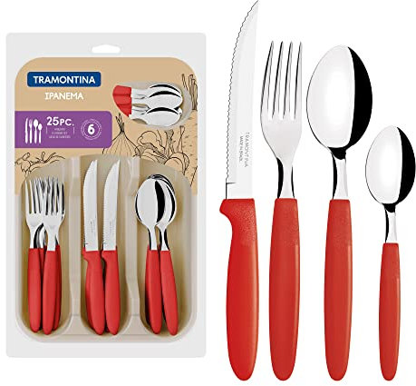 TRAMONTINA - Juego de Cubiertos Ipanema, en Acero Inoxidable, Mangos de Polipropileno, con Organizador de Cubiertos, Set para Uso Diario, Incluye 25 piezas, Color Rojo