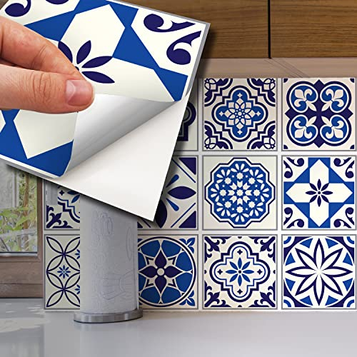 WALPLUS Blue Tile Stickers for Bathroom 15x15cm(6) Removable Kitchen Splashbacks for Walls Spanish & Moroccan DIY Stick on Tiles Kitchen Stairs Decals Renovation 24 PCS