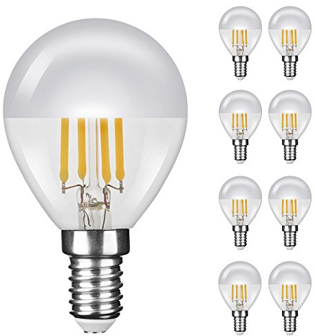 NuLoXx 9er Pack LED Filament Kopfspiegellampe P45 „Tropfenform“ SILBER E14 4W/827 2700K warmweiß, 380 LM, AC 220-240, 320° Abstrahlwinkel