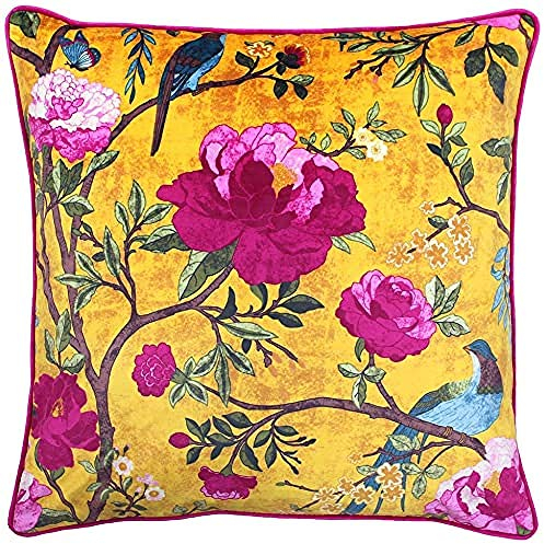 Paoletti Chinoiserie Cushion Cover - Floral Bird Print 100% Polyester Machine Washable Fabric (Gold Yellow - 50 x 50cm)