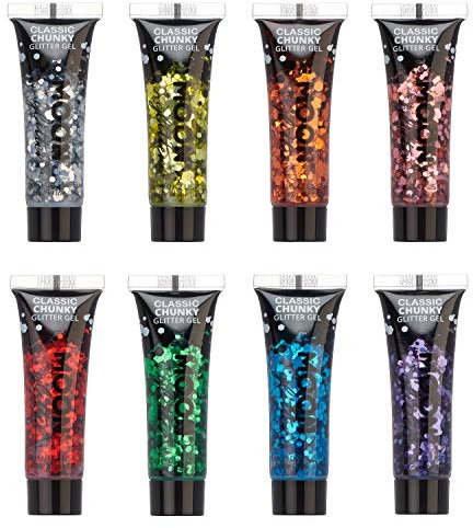 Gel mit klassischem grobkörnigen Glitter von Moon Glitter - 12ml - Glitzer Gesichtsfarbe - Set mit 8 Farben