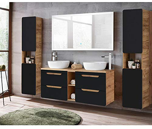 Lomadox Badmöbel Komplett Set in seidenmatt anthrazit mit Wotan Eiche Nb., 140 cm Waschtisch-Unterschrank mit 2 Keramik-Waschbecken, 140 cm LED-Spiegel, 2 Hochschränke