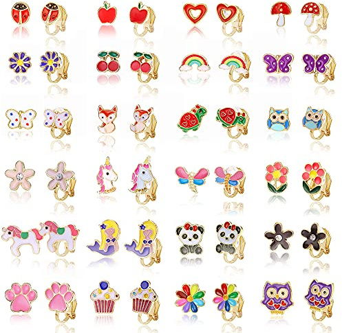 CASSIECA 24 Paires Boucles d'oreilles Clip Sans Oreilles Percées pour Fille Adolescente Femme Enfants Bambin Animaux Mignon Papillon Hypoallergénique